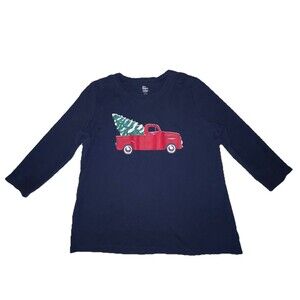 Kim Rogers Red Christmas Truck Holiday Crew Neck Shirt Navy Blue Size Large